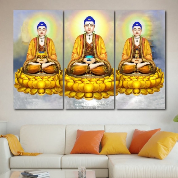 Tranh Tam Thế Phật Ngồi Trên Tòa Sen Vàng