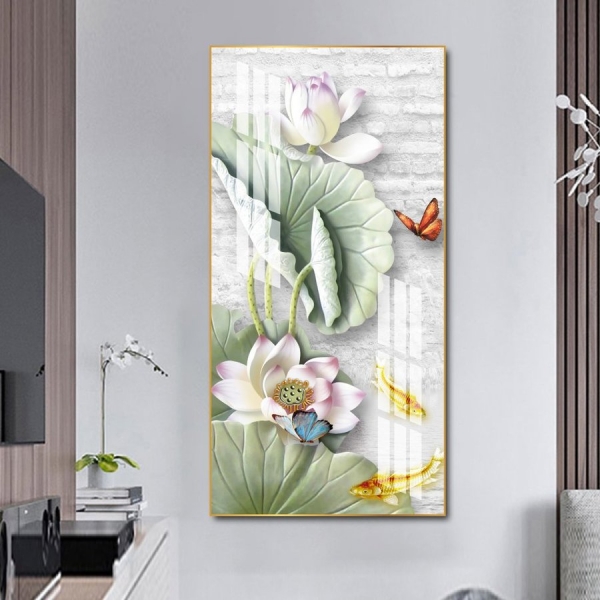 Tranh treo tường 3d hoa sen với cá và bướm